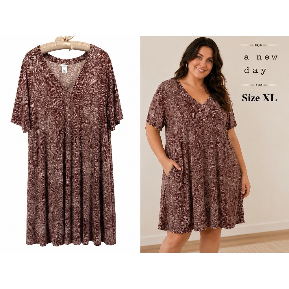 A New Day Women's XL Brown Giraffe Animal Print V Neck Midi Dress Short Sleeve